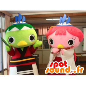 2 kleurrijke vogels mascottes, een roze en een groene - MASFR25916 - Yuru-Chara Japanse Mascottes