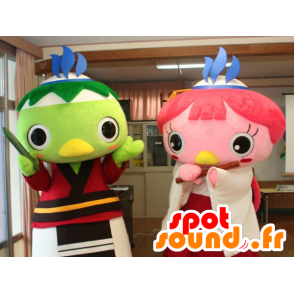 2 mascots of colorful birds, pink and green - MASFR25916 - Yuru-Chara Japanese mascots