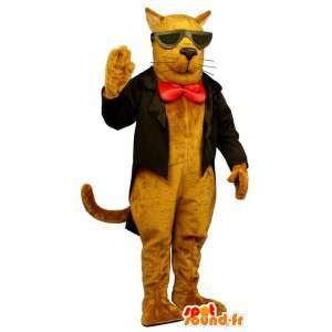 Gul-oransje katt maskot med en svart dress - MASFR006844 - Cat Maskoter