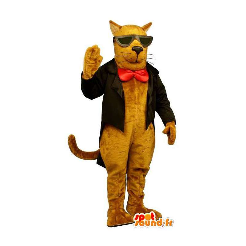 Geel-oranje kat mascotte met een zwart pak - MASFR006844 - Cat Mascottes