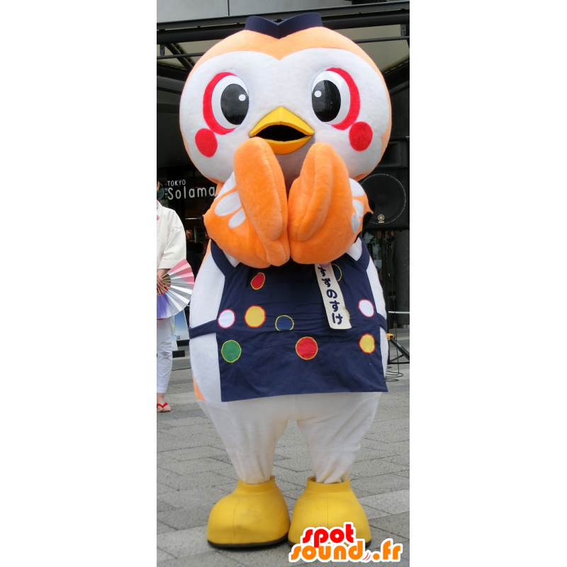 Mascotte de hibou orange et blanc, avec un tablier bleu - MASFR25921 - Mascottes Yuru-Chara Japonaises