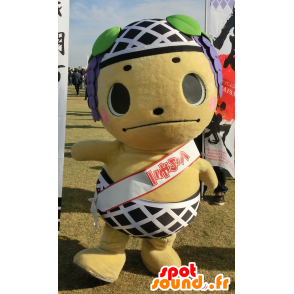 Yellow teddy mascot with a checkered slip - MASFR25928 - Yuru-Chara Japanese mascots