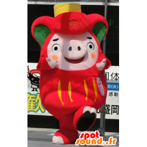 Mascotte d'Ofunaton, cochon rose, rouge et vert, dodu et rigolo - MASFR25931 - Mascottes Yuru-Chara Japonaises