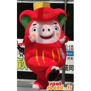 Mascot Ofunaton, porco cor de rosa, vermelho e verde, gordo e engraçado - MASFR25931 - Yuru-Chara Mascotes japoneses