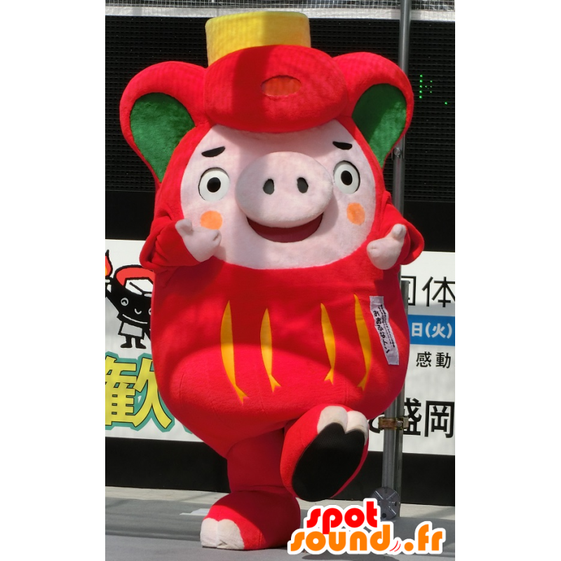 Ofunaton mascot, pink pig, red and green, plump and funny - MASFR25931 - Yuru-Chara Japanese mascots