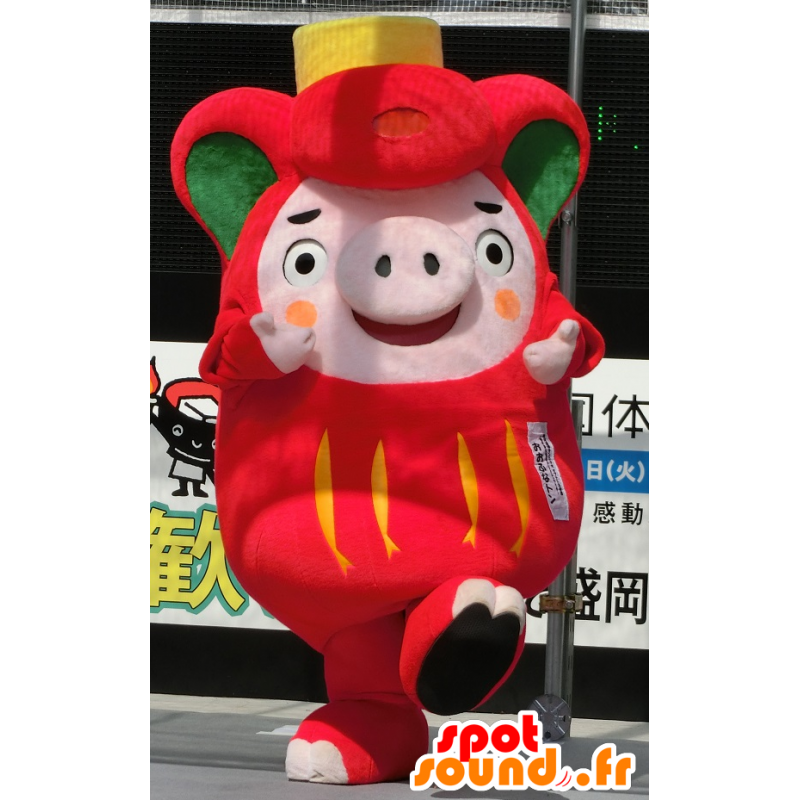 Ofunaton maskot, lyserød, rød og grøn gris, fyldig og sjov -