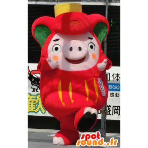 Ofunaton mascot, pink pig, red and green, plump and funny - MASFR25931 - Yuru-Chara Japanese mascots