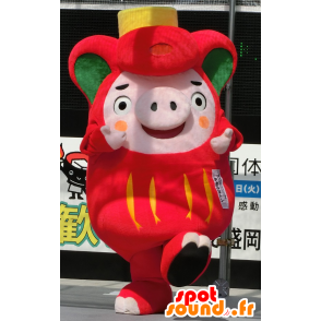 Ofunaton maskot, lyserød, rød og grøn gris, fyldig og sjov -