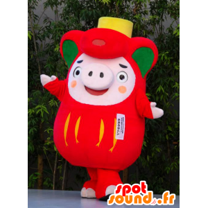 Mascot Ofunaton, vaaleanpunainen sika, punainen ja vihreä, pullea ja hauska - MASFR25931 - Mascottes Yuru-Chara Japonaises