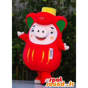 Ofunaton mascotte, maiale rosa, rosso e verde, grassoccio e divertente - MASFR25931 - Yuru-Chara mascotte giapponese