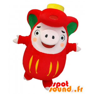 Mascota Ofunaton, cerdo rosado, rojo y verde, regordeta y divertido - MASFR25931 - Yuru-Chara mascotas japonesas