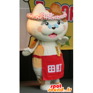 Mascotte de chat tricolore, avec un tablier et des lunettes - MASFR25932 - Mascottes Yuru-Chara Japonaises