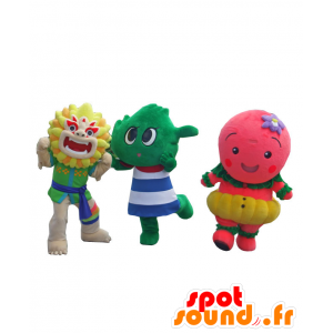 3 mascotes, um dragão chinês, um verde e um caráter rosa - MASFR25944 - Yuru-Chara Mascotes japoneses