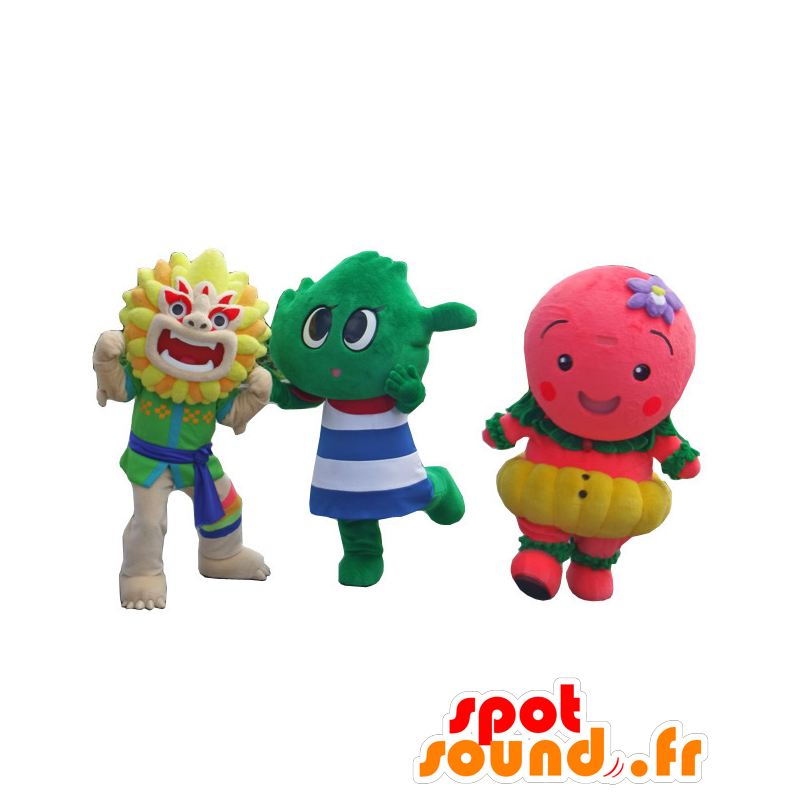 3 mascotas, un dragón chino, un verde y un personaje de color rosa - MASFR25944 - Yuru-Chara mascotas japonesas