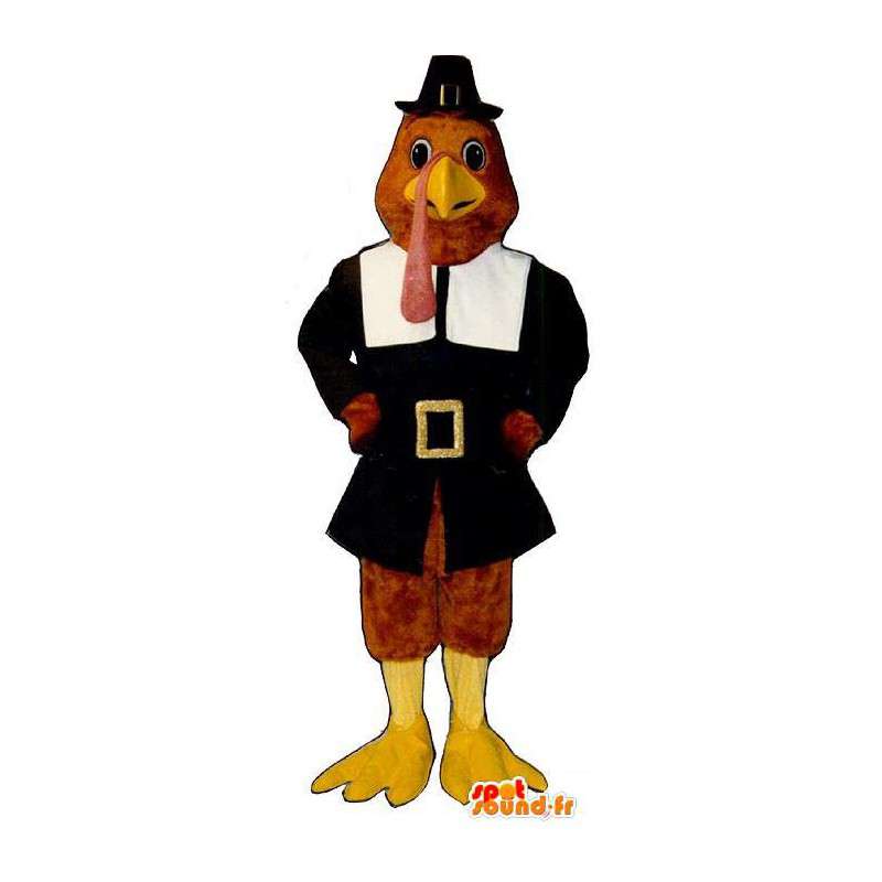 Mascotte marrone tacchino con un cappotto nero - MASFR006847 - Mascotte di galline pollo gallo