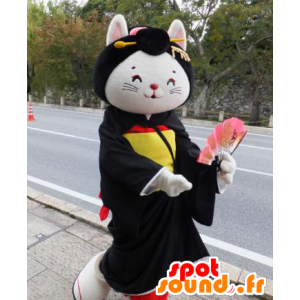Weiße Katze Maskottchen trägt eine schwarze Tunika, gelb und rot - MASFR25946 - Yuru-Chara japanischen Maskottchen