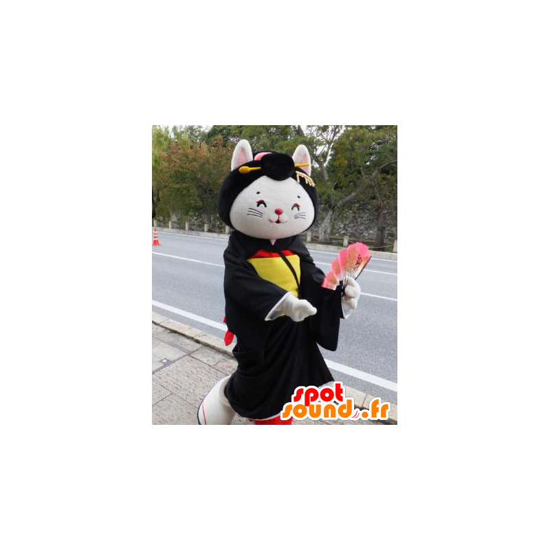 Mascotte de chat blanc, vêtu d'une tunique noire, jaune et rouge - MASFR25946 - Mascottes Yuru-Chara Japonaises