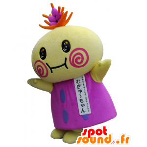 Mugyu-chan maskot, gul og lilla mand, meget original -