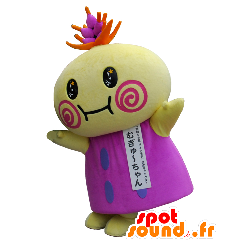 Mascot Mugyu-chan, geel en paars vent, erg origineel - MASFR25971 - Yuru-Chara Japanse Mascottes