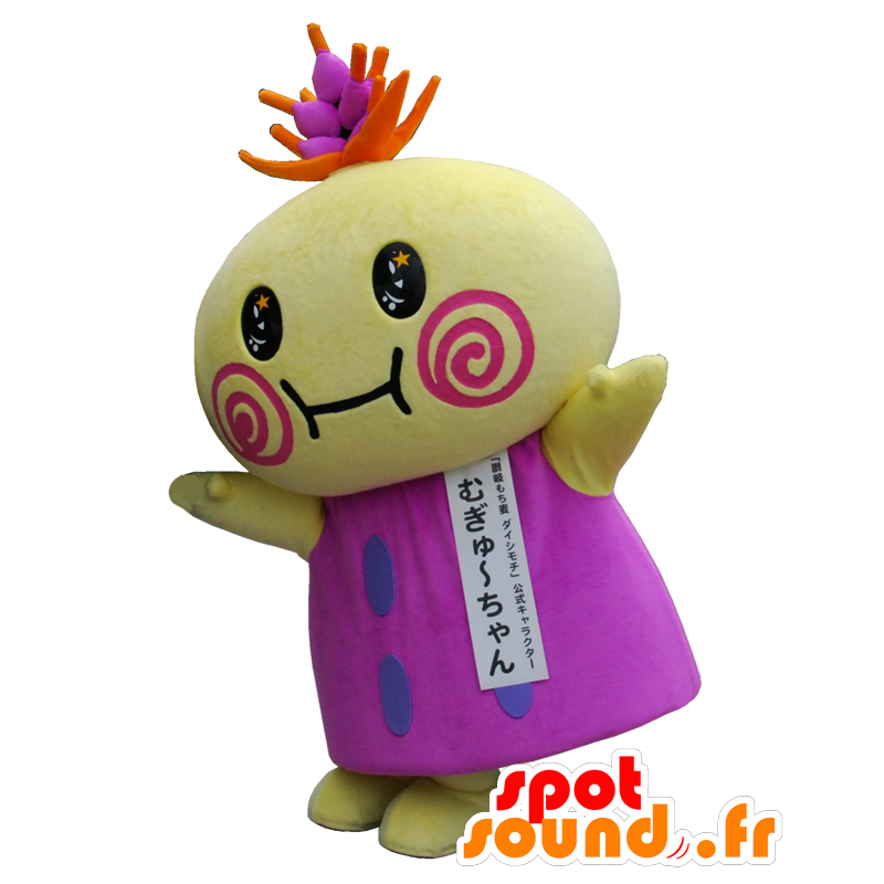 ムギュちゃんのマスコット、黄色と紫の男、非常に独創的-MASFR25971-日本のゆるキャラのマスコット