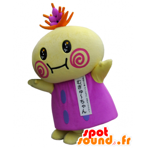 Mugyu-chan maskot, gul och lila man, mycket original -