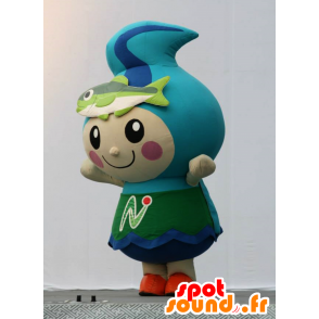 Mascotte de bonhomme bleu, de goutte d'eau, avec un poisson - MASFR25987 - Mascottes Yuru-Chara Japonaises