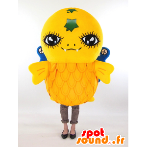 Mascot Gosshi, pieni keltainen lintu sinisellä siivet - MASFR26045 - Mascottes Yuru-Chara Japonaises