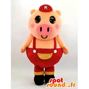 Futoshi maskot, stor gris i røde kjeledresser - MASFR26077 - Yuru-Chara japanske Mascots