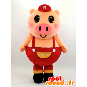 Futoshi mascot, big pig in red overalls - MASFR26077 - Yuru-Chara Japanese mascots