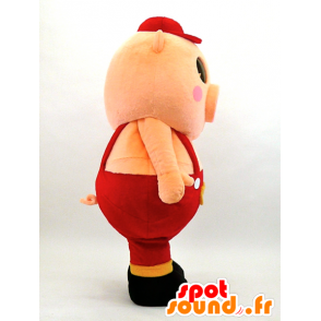 Mascotte de Futoshi, gros cochon en salopette rouge - MASFR26077 - Mascottes Yuru-Chara Japonaises