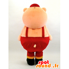 Mascotte de Futoshi, gros cochon en salopette rouge - MASFR26077 - Mascottes Yuru-Chara Japonaises