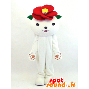 Mascotte de Tsubakineko, ours blanc, avec une fleur sur la tête - MASFR26080 - Mascottes Yuru-Chara Japonaises