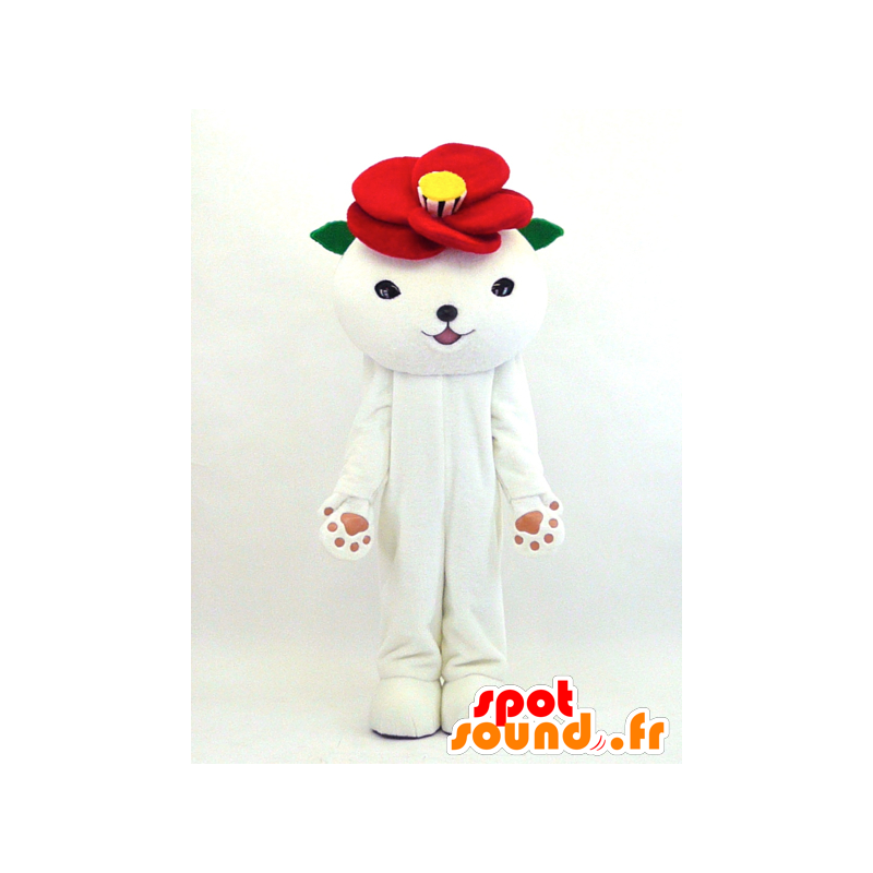 Mascotte de Tsubakineko, ours blanc, avec une fleur sur la tête - MASFR26080 - Mascottes Yuru-Chara Japonaises