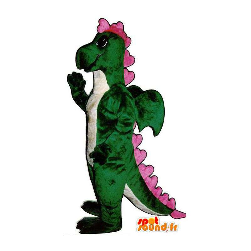 Verde mascote e dinossauro rosa com corações - MASFR006890 - Mascot Dinosaur