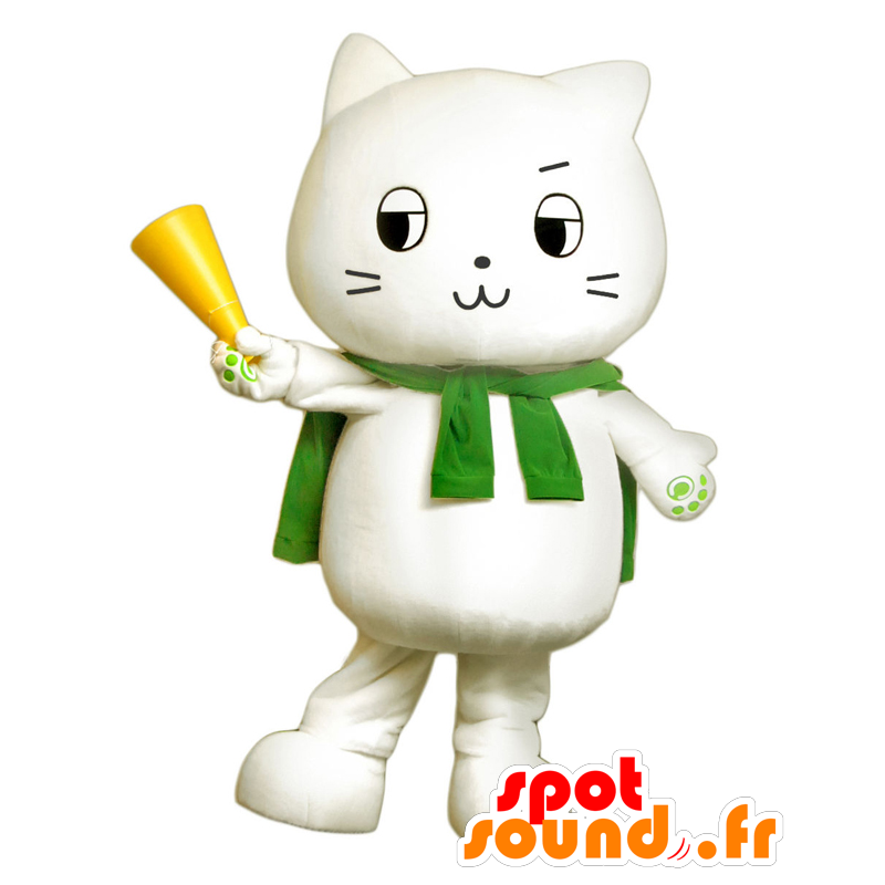 Mascot Nha Mott, weiße Katze mit einem grünen Mantel - MASFR26138 - Yuru-Chara japanischen Maskottchen