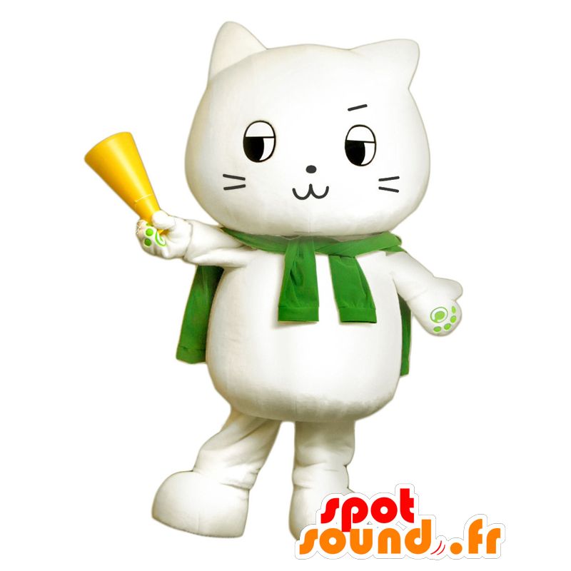 Mascotte Nha Mott, gatto bianco con un mantello verde - MASFR26138 - Yuru-Chara mascotte giapponese