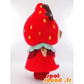 Mascotte Yumeno Yoshikazu en forme de fraise géante, rouge à pois - MASFR26152 - Mascottes Yuru-Chara Japonaises