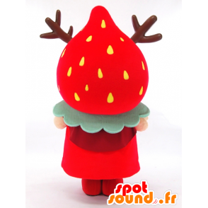 Mascotte Yumeno Yoshikazu en forme de fraise géante, rouge à pois - MASFR26152 - Mascottes Yuru-Chara Japonaises