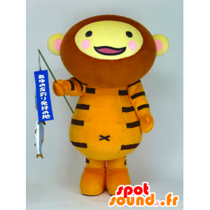 Mascotte de tigre Nue Saemon beige avec une canne à pêche - MASFR26153 - Mascottes Yuru-Chara Japonaises