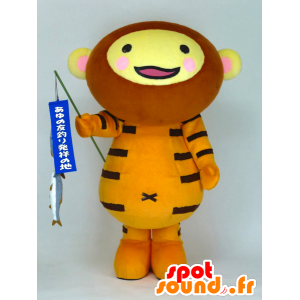 Tiger Mascot Naked Saemon beige with a fishing rod - MASFR26153 - Yuru-Chara Japanese mascots