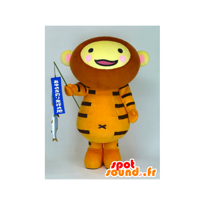 Mascotte de tigre Nue Saemon beige avec une canne à pêche - MASFR26153 - Mascottes Yuru-Chara Japonaises