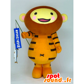 Tiger Mascot Nudo Saemon beige con una canna da pesca - MASFR26153 - Yuru-Chara mascotte giapponese