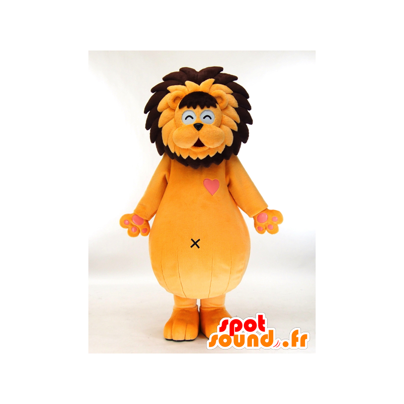 Mascot Raion, gul løve, brun med et rosa hjerte - MASFR26155 - Yuru-Chara japanske Mascots