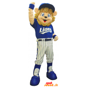 Lion Mascot AnyB brązowy ubrani w niebieskie sportu - MASFR26158 - Yuru-Chara japońskie Maskotki