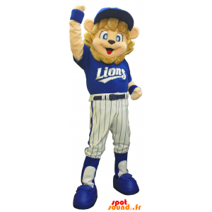 Lion Mascot AnyB marrom vestido em esportes azuis - MASFR26158 - Yuru-Chara Mascotes japoneses