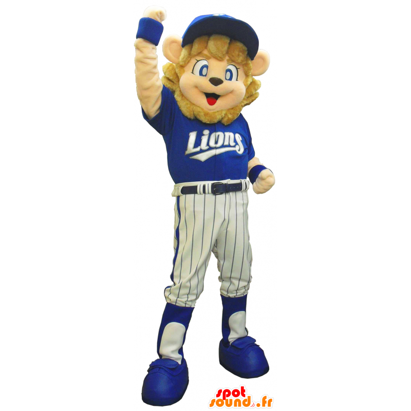 Mascotte van de Leeuw AnyB bruin gekleed in blauwe sport - MASFR26158 - Yuru-Chara Japanse Mascottes