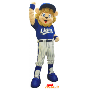 Lion Mascot AnyB brązowy ubrani w niebieskie sportu - MASFR26158 - Yuru-Chara japońskie Maskotki