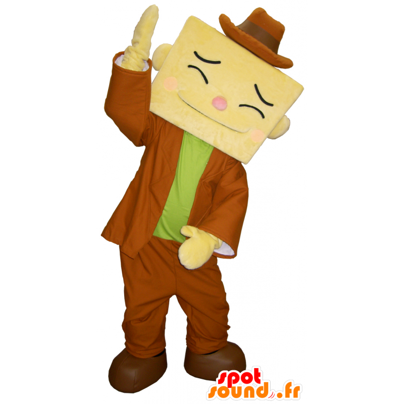 Maskot Ioki Huwei Kun, fyrkantig man, beige, brun och grön -