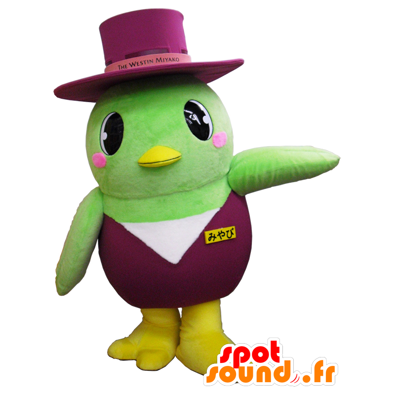 Ya-kun mascotte, groen, paars en geel vogel, reuze - MASFR26196 - Yuru-Chara Japanse Mascottes