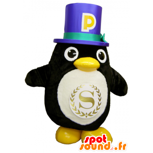 Payton-kun-pingvinmaskot, svartvitt, med hatt - Spotsound maskot